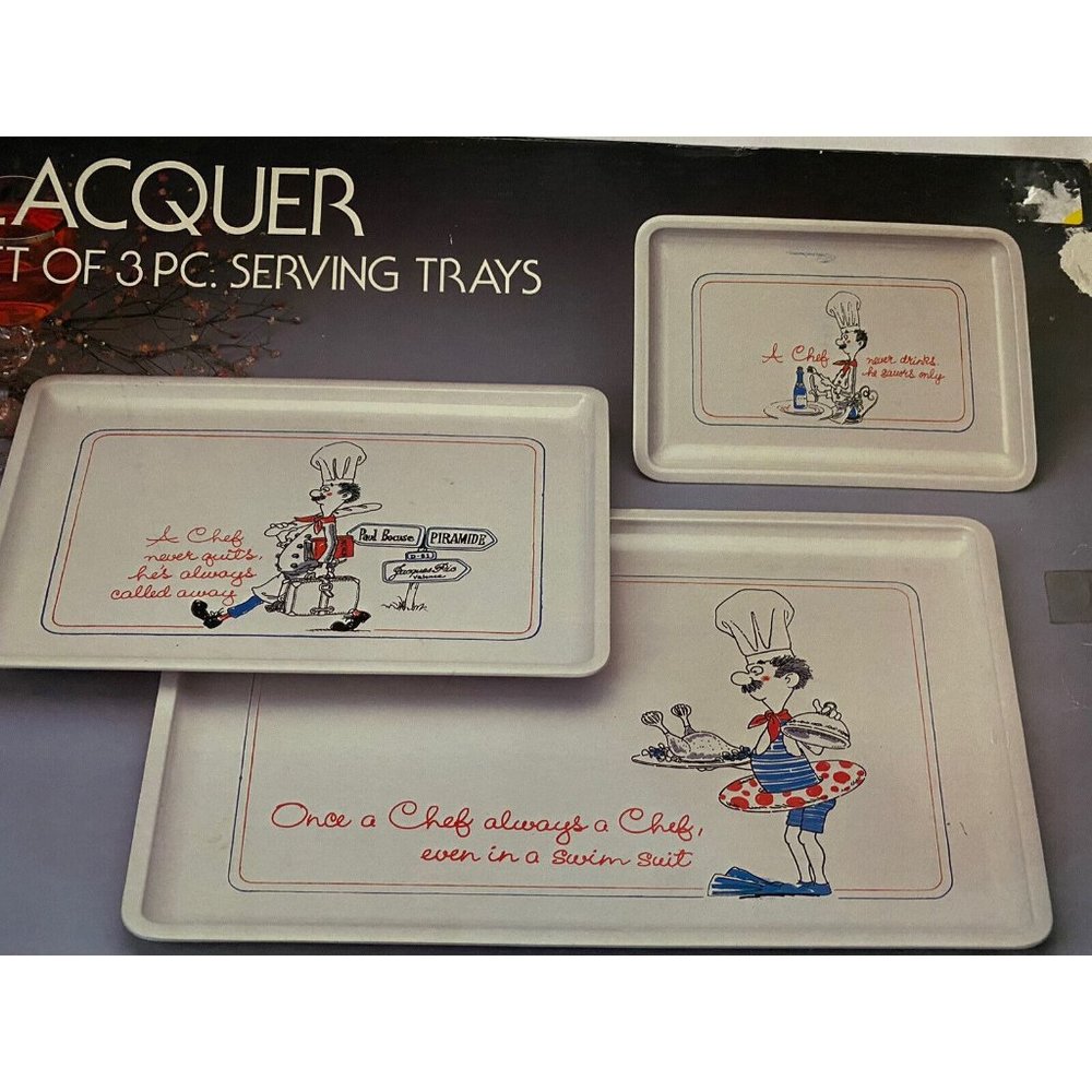 Funny Vintage 3 Piece Chef  Lacquer Ware‎ Serving Tray Set Japan Open Box NOS